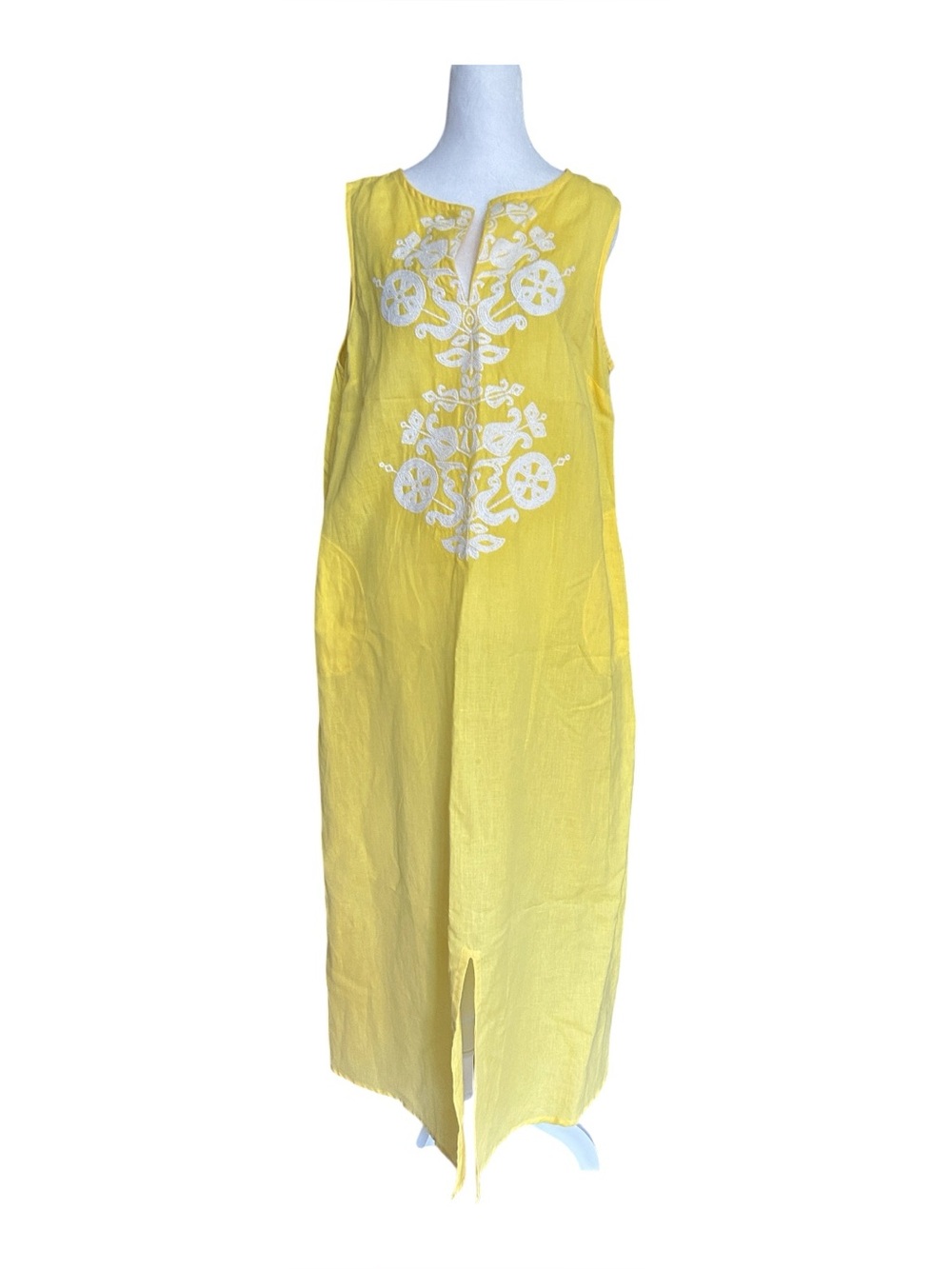 Soft Surroundings Daydream Yellow Embroidered Linen Maxi Dress Size PL Petite L